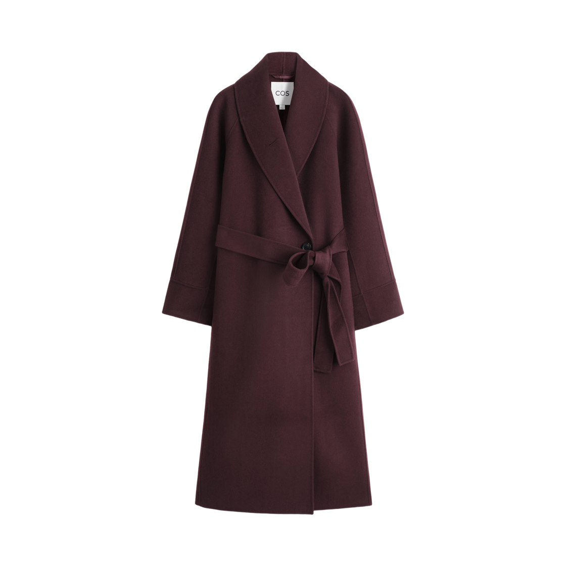 (W) 코스 벨티드 더블 페이스드 울 롱 코트 버건디((W) COS Belted Double-Faced Wool Long Coat Burgundy) - 1