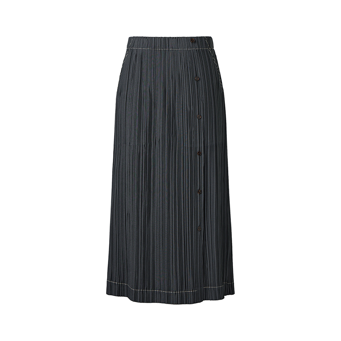 WSK2KGY Monplisse Women Stitch Button Detail H-line Pleats Skirt Grey