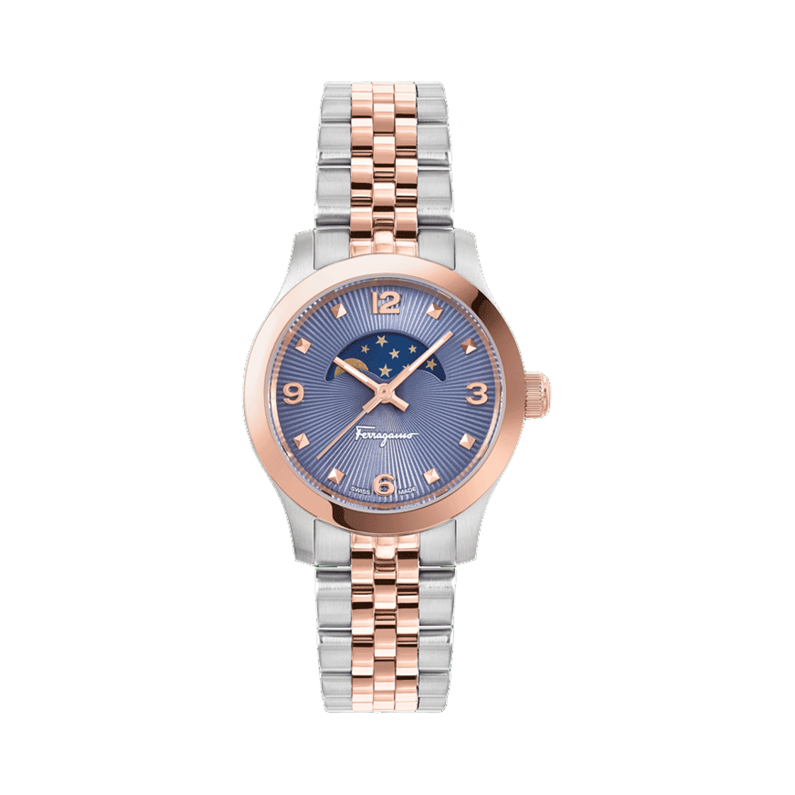 (W) 페라가모 듀오 문페이즈 쿼츠 28mm 블루 실버((W) Ferragamo Duo Moonphase Quartz 28mm Blue Silver)