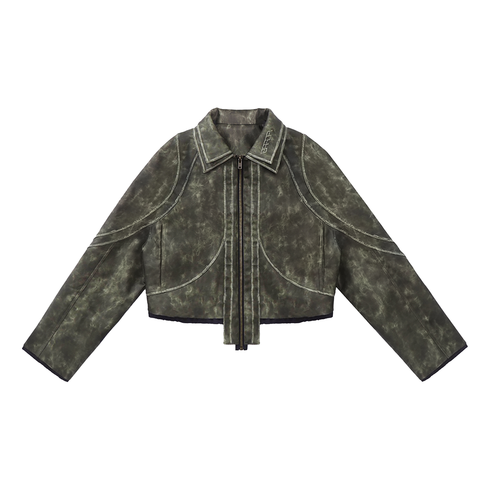에러앤와이씨 크롭 폴라 코드 레더 자켓 밀리터리그린(ERROR NYC Cropped Leather Polar Code Jacket Military Green)