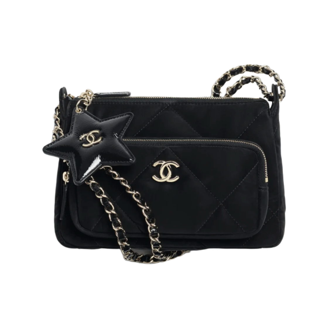 샤넬 체인 달린 미니백 벨벳 이펙트 나일론 샤이니 크럼플드 카프스킨 & 골드 메탈 블랙