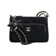 Chanel Clutch with Chain Velvet Effect Nylon Shiny Crumpled Calfskin & Gold Tone Metal Black