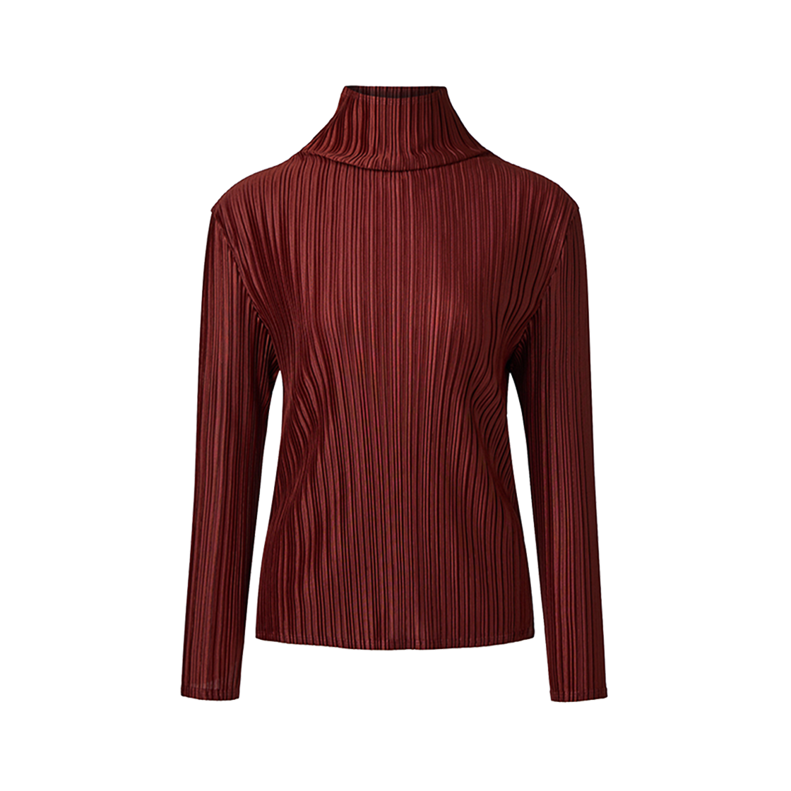 WTS1YBW Monplisse Women High Neck Long Sleeve Pleats T-shirts Brown