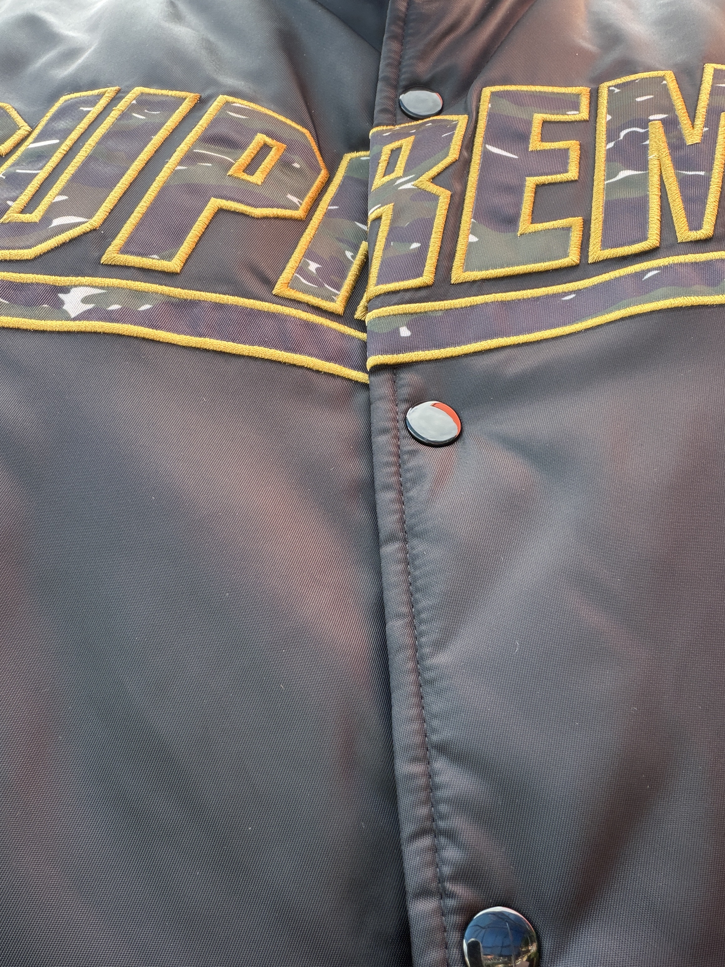 Supreme Mitchell & Ness Camo Logo Varsity Jacket Black - 25SS 착용 스타일