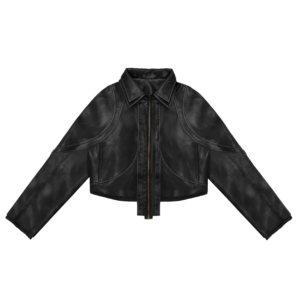 에러앤와이씨 크롭 폴라 코드 레더 자켓 검정색(ERROR NYC Cropped Leather Polar Code Jacket Black)
