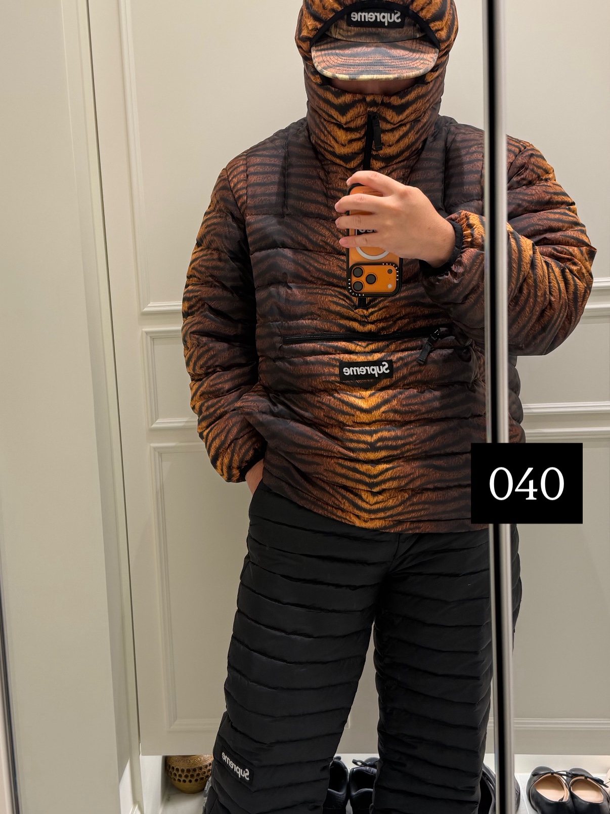 Supreme Washed Chino Twill Camp Cap Tiger - 25FW, Supreme Micro Down Half Zip Hooded Pullover Tiger - 25FW 착용 스타일