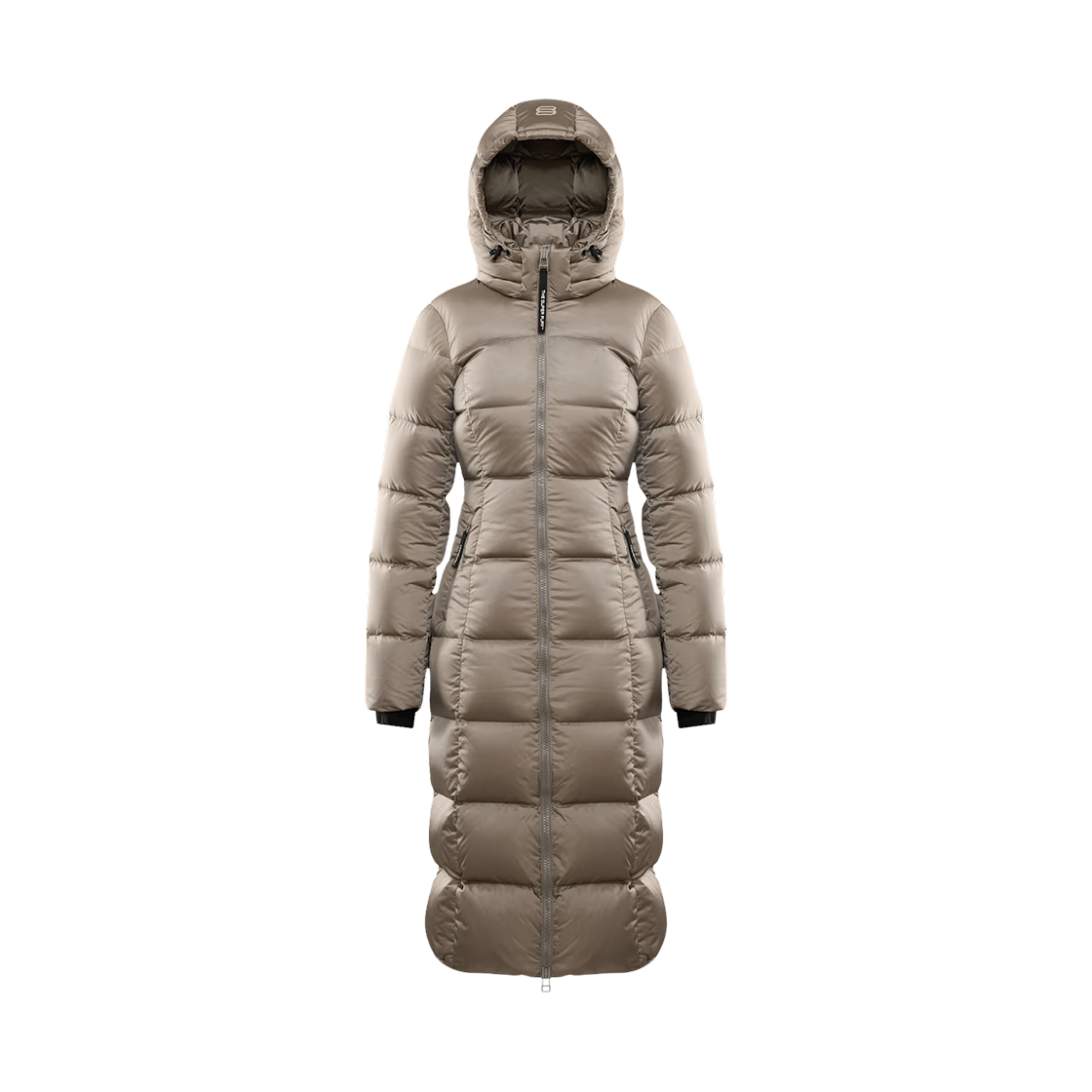 121401 (W) Aritzia The Supersnug Puff Long Satin Flex Japanese Water Repellent Satin Premium Down Hourglass Puffer Jacket Modern Taupe