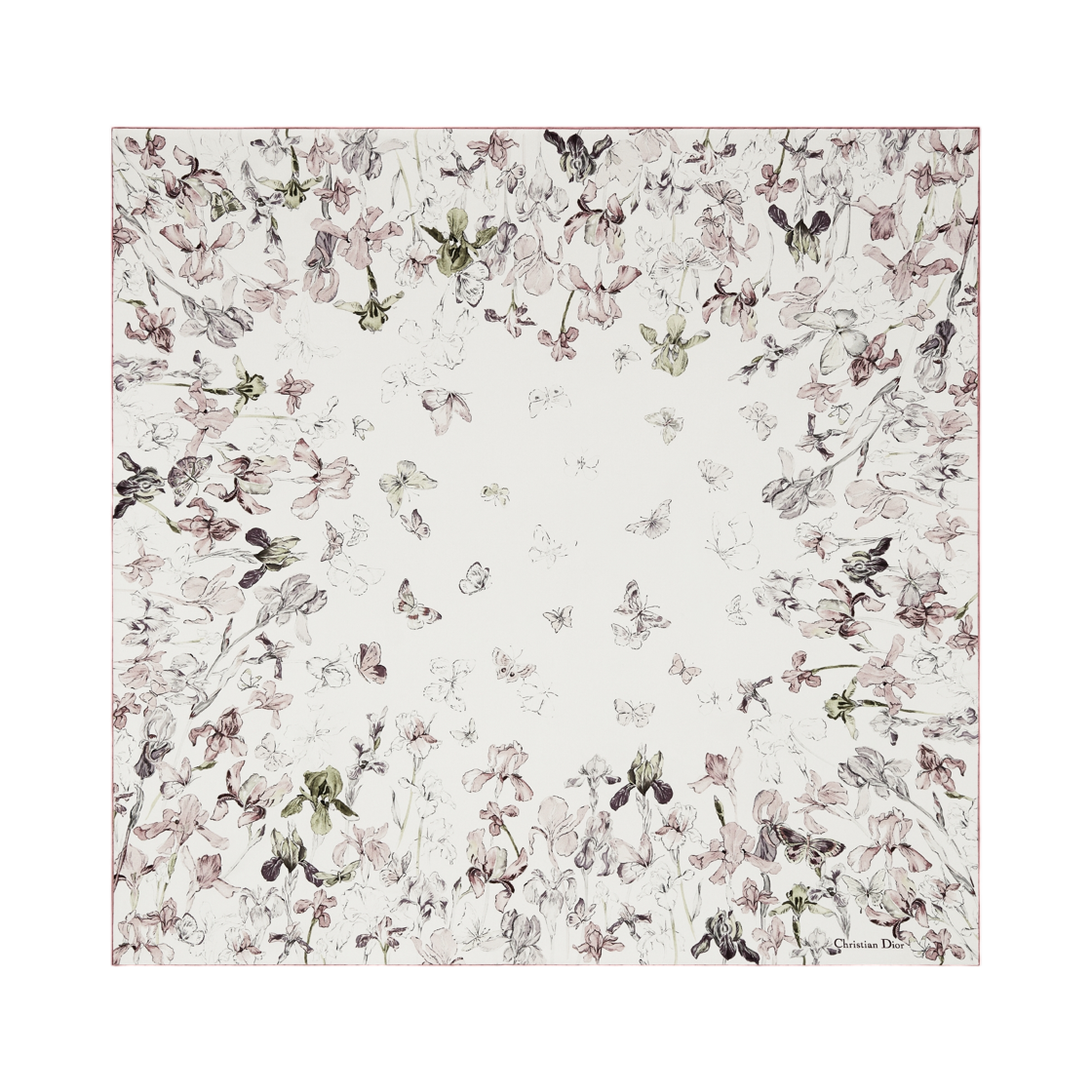61IRF090I644-C415 (W) Dior Butterflies & Iris 90 Square Scarf Powder Multicolor Silk Twill Powder Pink