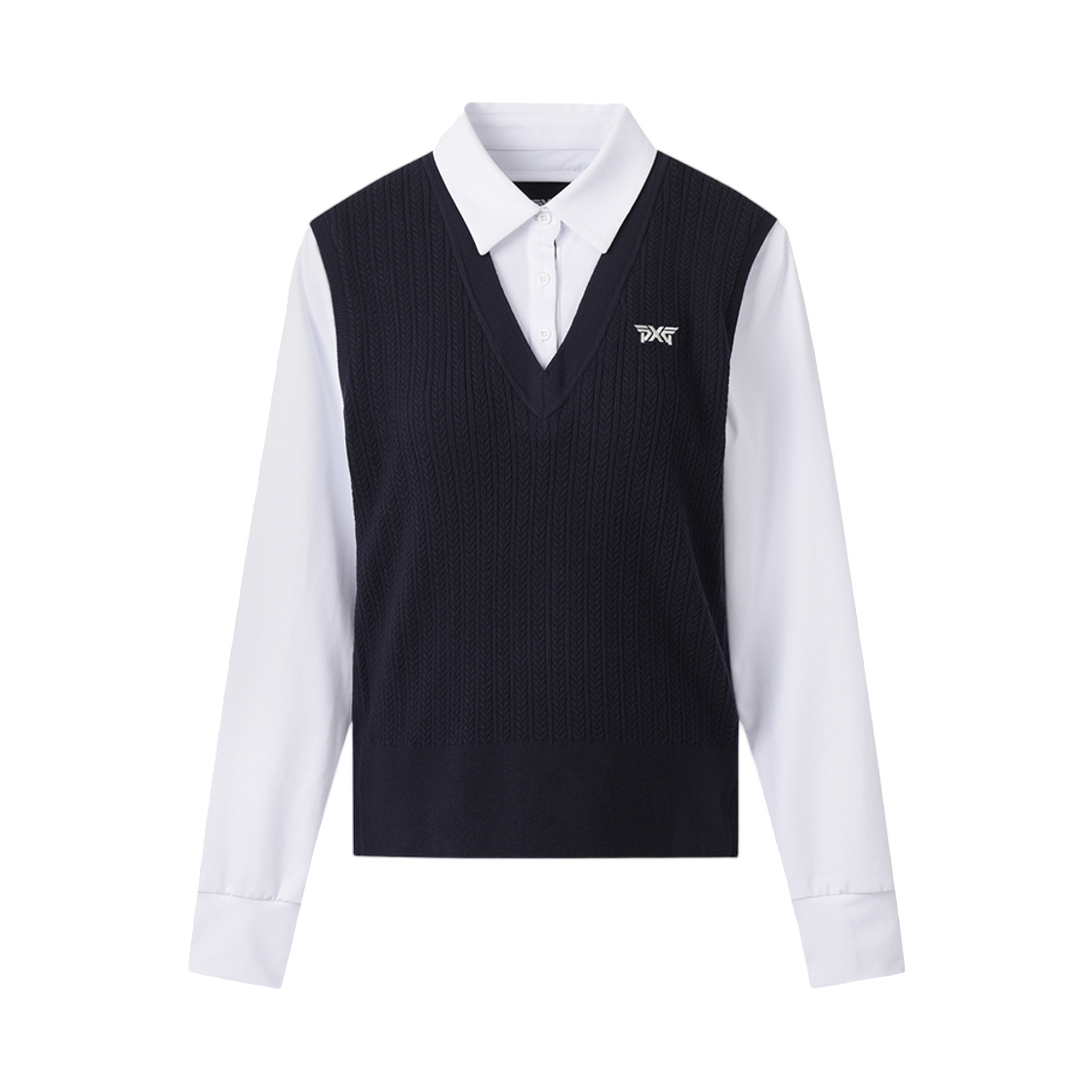 (W) 피엑스지 칼라 넥 스웨터 네이비((W) PXG Collar Neck Sweater Navy)