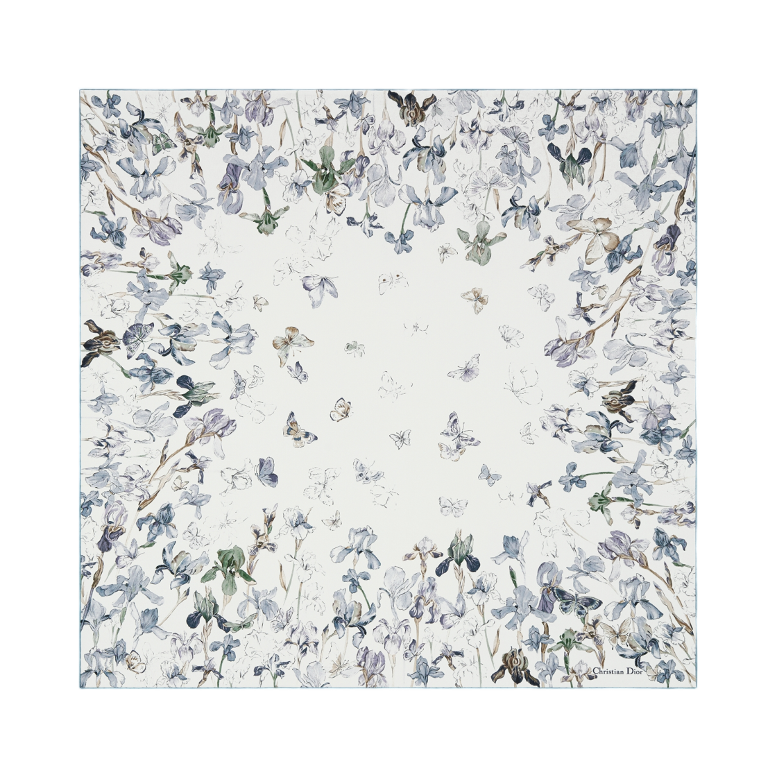 (W) 디올 버터플라이 & 아이리스 90 스퀘어 스카프 실크 트윌 아주르 블루((W) Dior Butterflies & Iris 90 Square Scarf Silk Twill Azure Blue) - 1