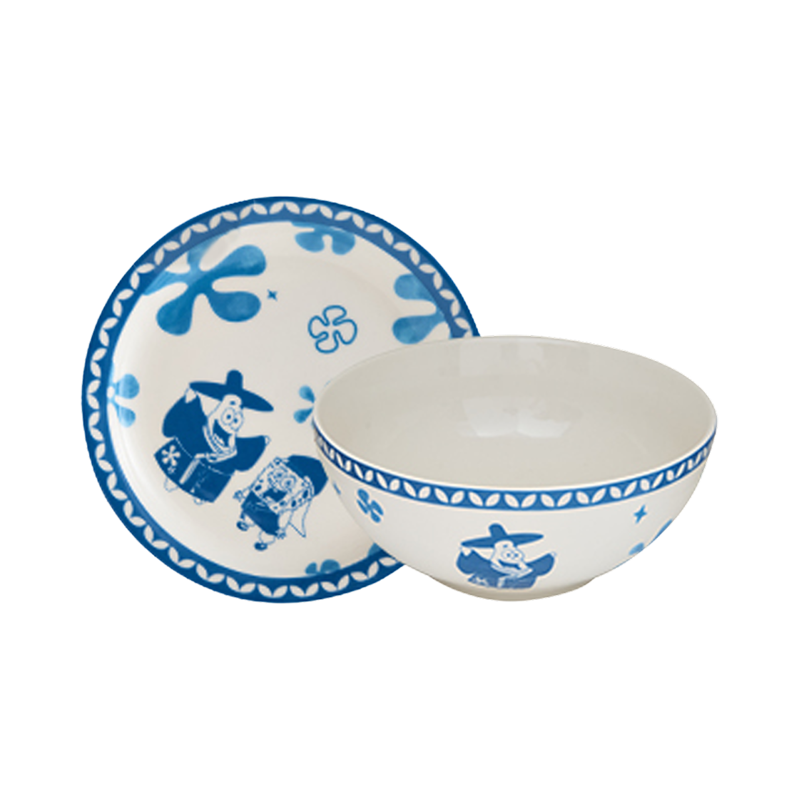 - 2025 Dan,comma Pop Up SpongeBob Blue and White Porcelain Bowl & Plate Set