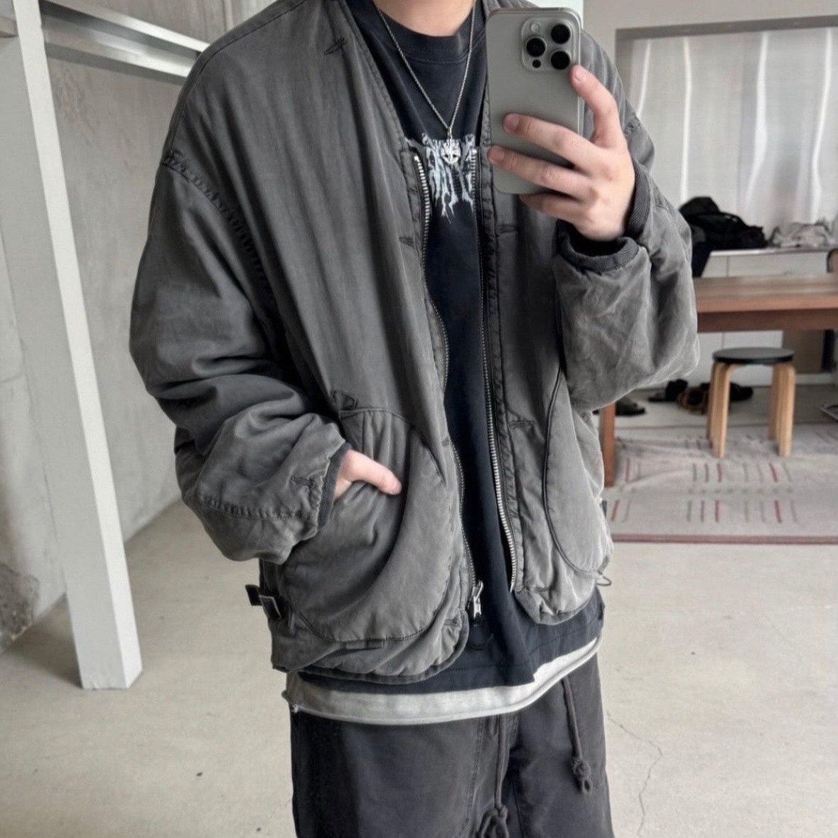 Polyteru Reversible Liner Jacket Sage Gray + Jade 착용 스타일