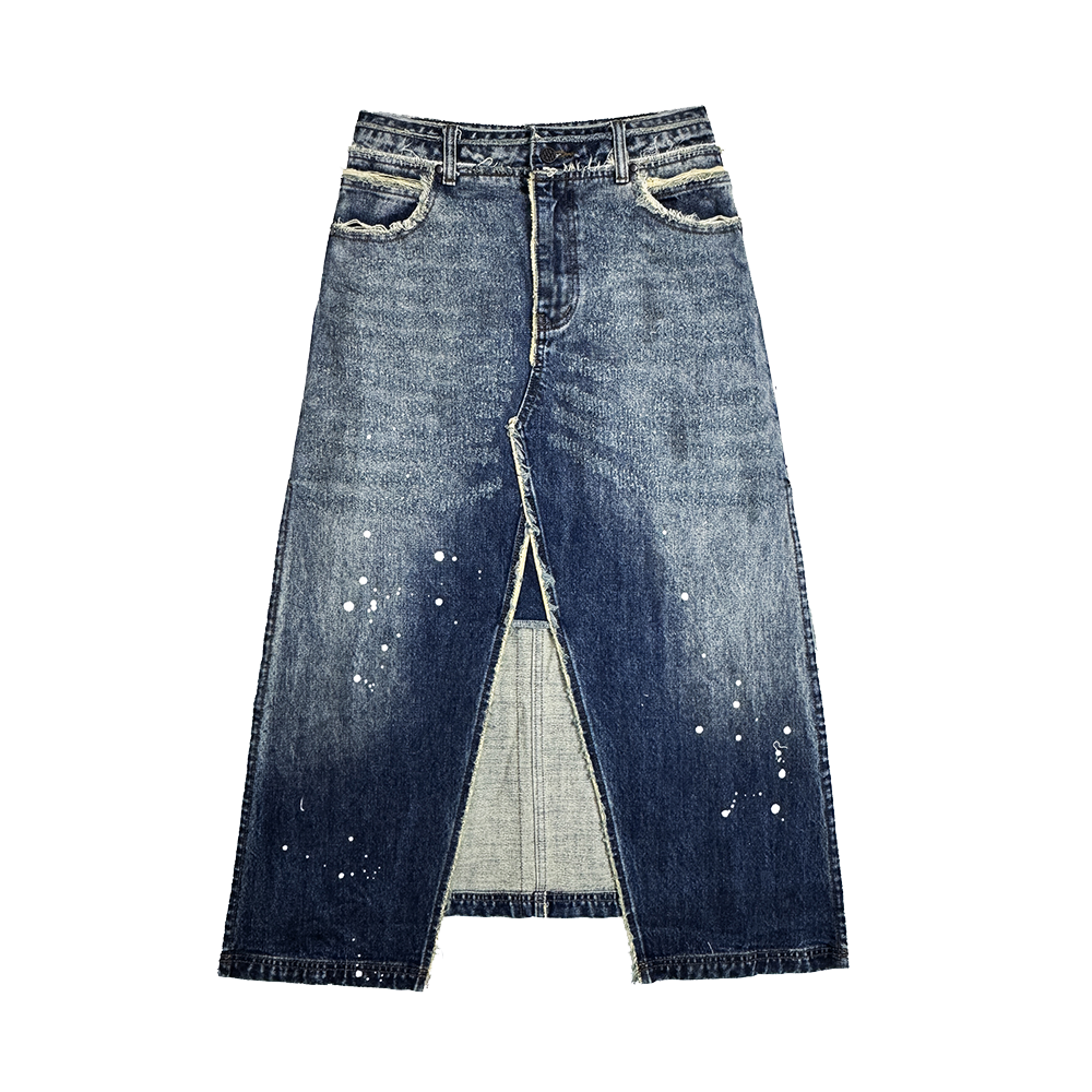 에러앤와이씨 엣치드 디스트레스드 데님 스커트 다크 블루(ERROR NYC Etched Distressed Denim Skirt Dark Blue)