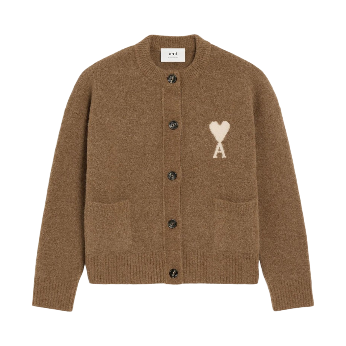 UKC366-KN0135-217 AMI de Coeur Cardigan in Alpaca Knit Hazelnut Off White
