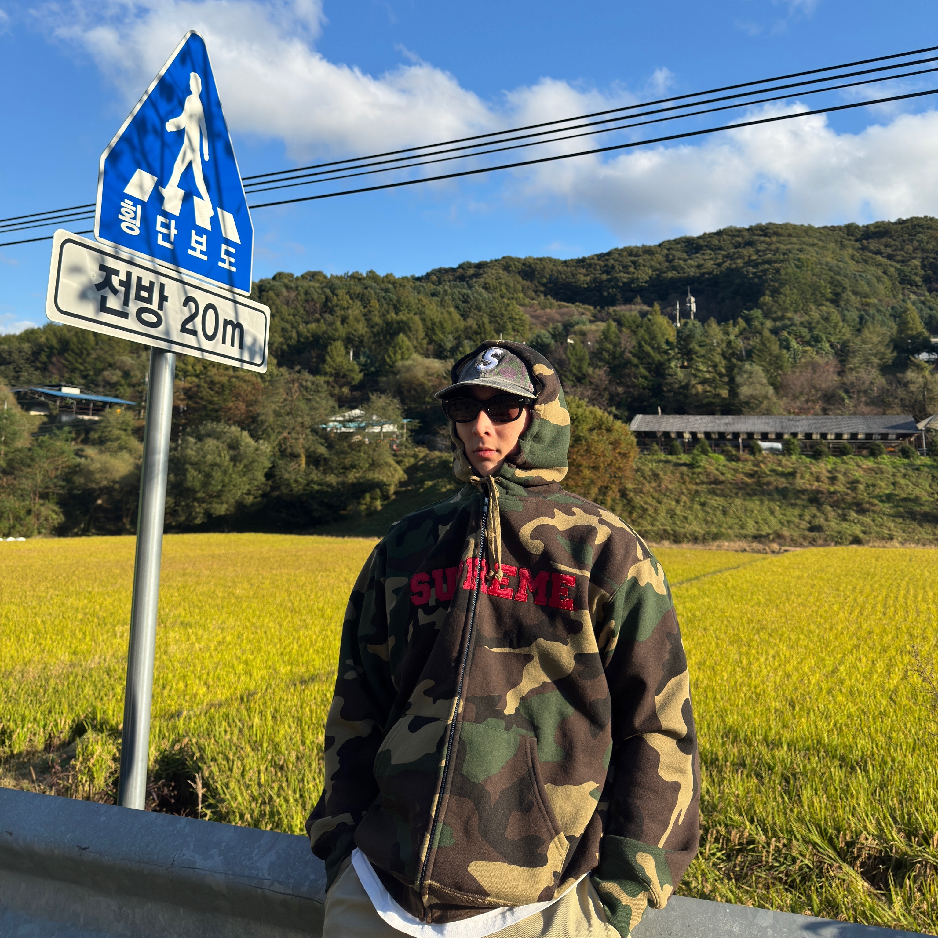 Supreme Collegiate Applique Zip Up Hooded Sweatshirt Woodland Camo - 25FW 착용 스타일
