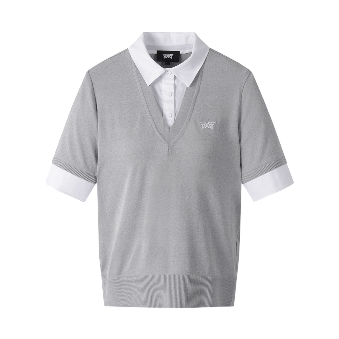 (W) PXGS 칼라드 숏슬리브 니트 미디움 그레이((W) PXGS Collared Short Sleeve Knit Medium Grey)