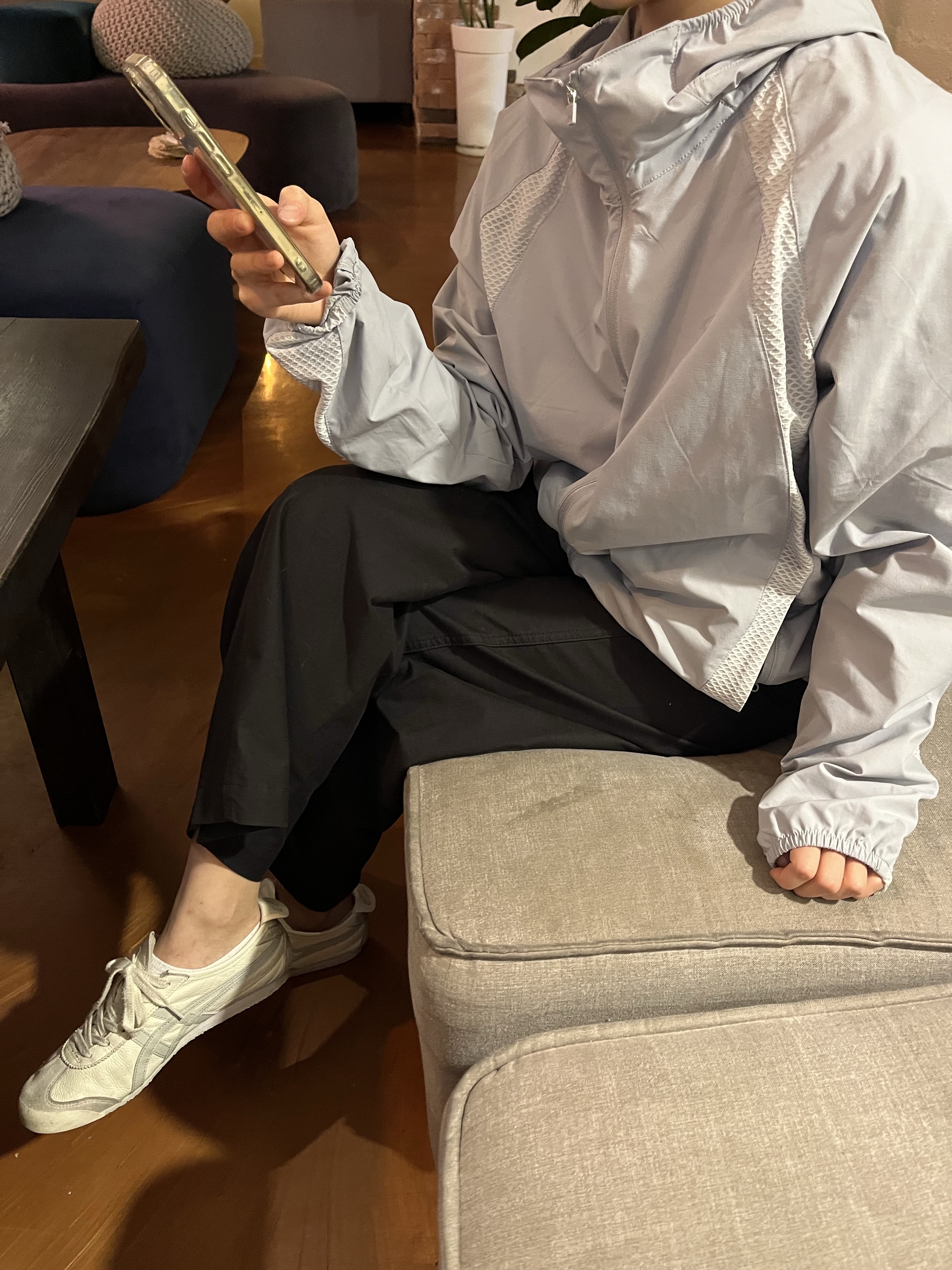 Sansan Gear Mesh Jacket Sky Blue - 25SS, Onitsuka Tiger Mexico 66 Cream Light Sage 착용 스타일 - 2