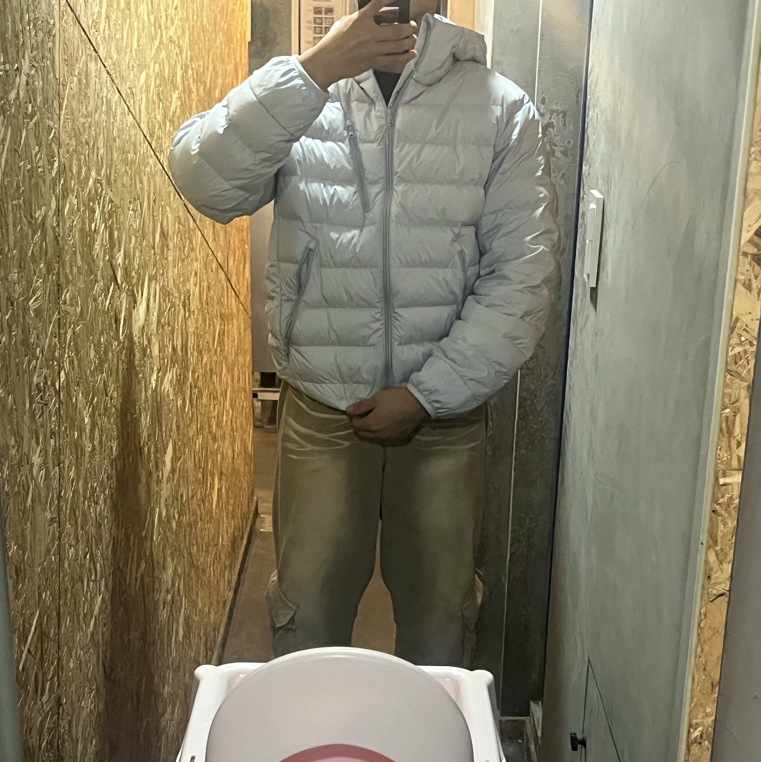 Musinsa Standard City Leisure Hooded Light Down Jacket Cloudy Blue 착용 스타일