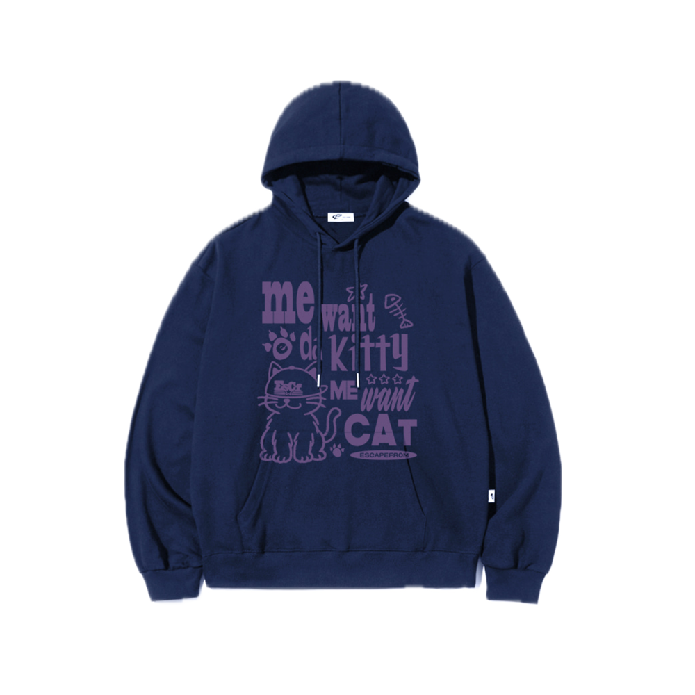 E252HD049DB Escapefrom Want Kitty Print Hoodie Deep Blue
