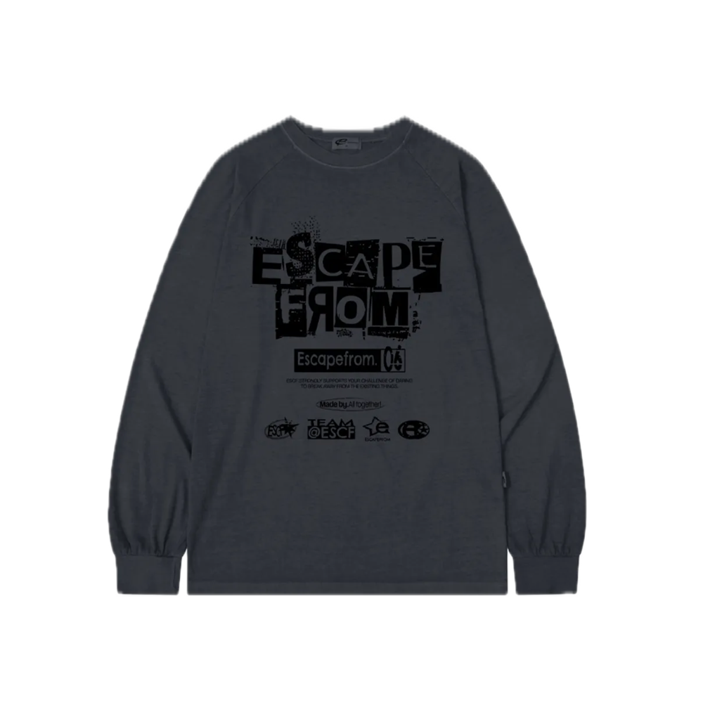 E252PLS013BL Escapefrom Grunge Logo Collage Print Oversized Pigment Long Sleeve Blue