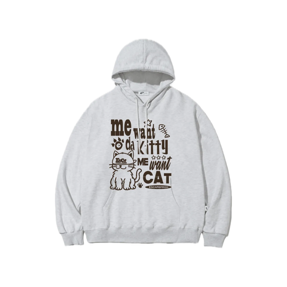 E252HD046WM Escapefrom Want Kitty Print Hoodie White Melange
