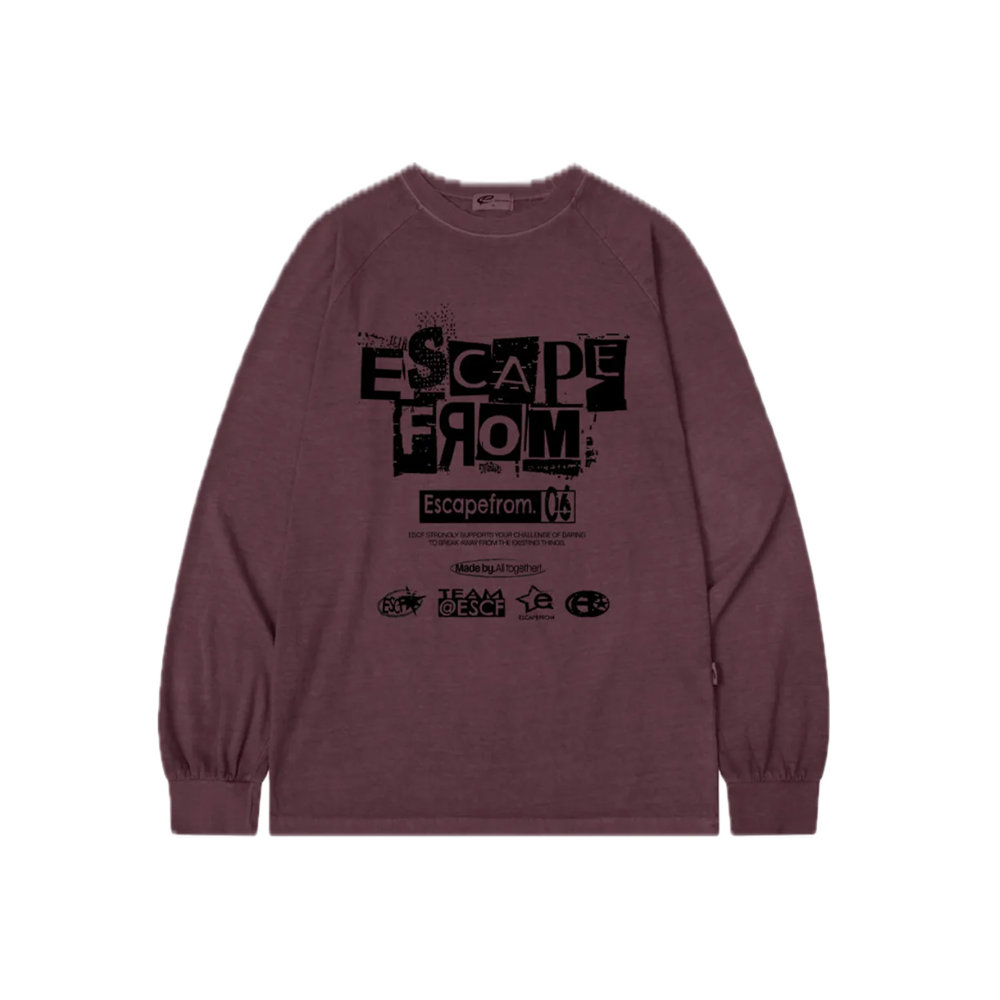 E252PLS014BG Escapefrom Grunge Logo Collage Print Oversized Pigment Long Sleeve Burgundy