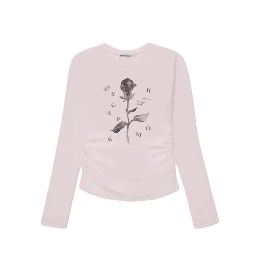 E252SSL045PN Escapefrom Only One Rose Print Slim Fit Shirring Long Sleeve Pink