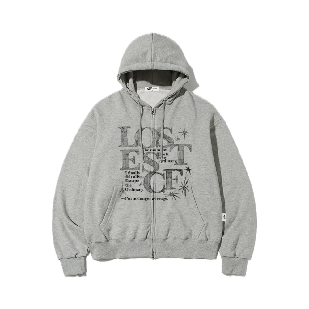 E252HZ037GR Escapefrom Sketch Lost Logo Print Two-Way Hood Zip-Up Gray