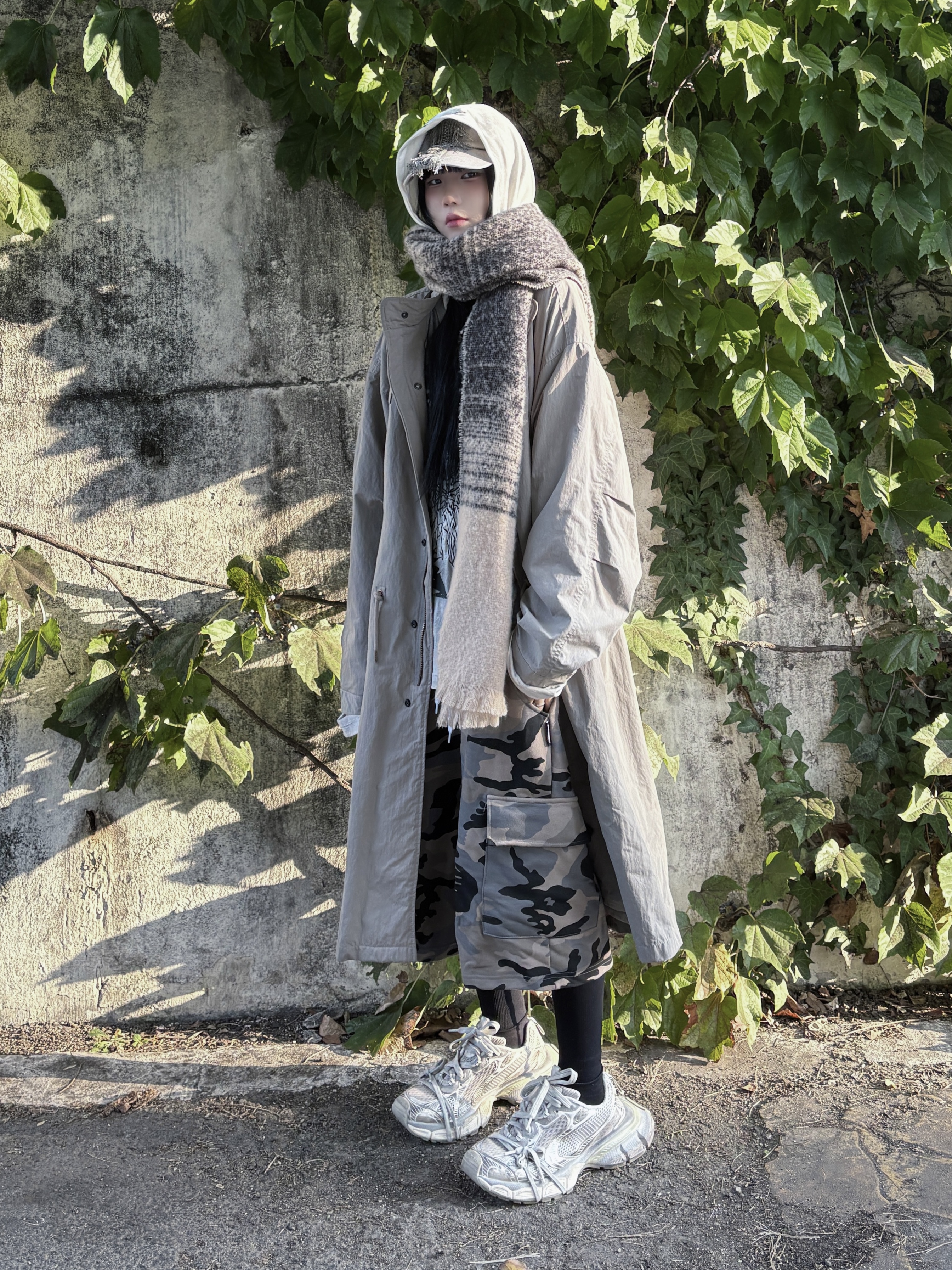 DEFGARMENTS Fire Work Knit Muffler Mix, AJOBYAJO Lace Trimming Washed Cap Tea Green 착용 스타일 - 1