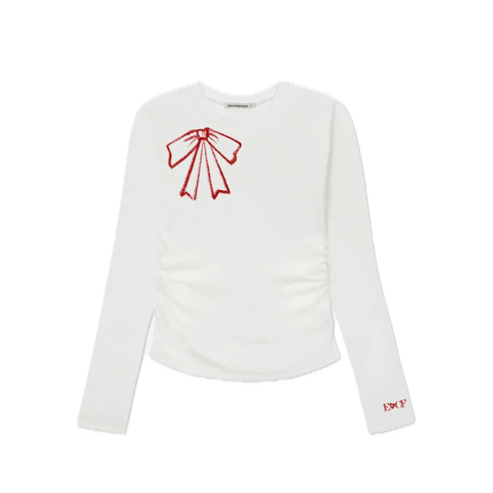 E252SSL046IV Escapefrom Crayon Ribbon Print Slim Fit Shirring Long Sleeve Ivory