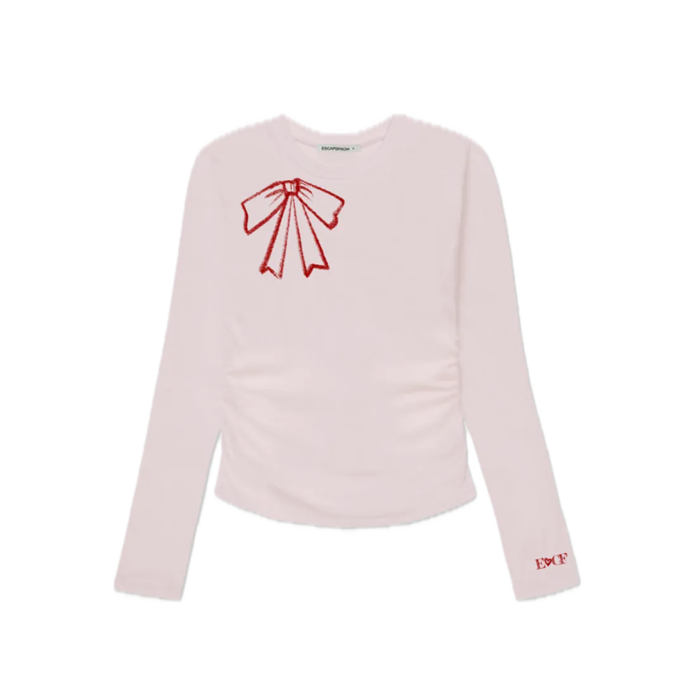 E252SSL048PN Escapefrom Crayon Ribbon Print Slim Fit Shirring Long Sleeve Pink