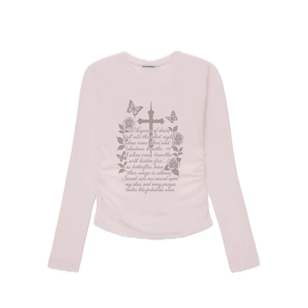 E252SSL008PN Escapefrom Whisper of Desire Print Slim Fit Shirring Long Sleeve Pink