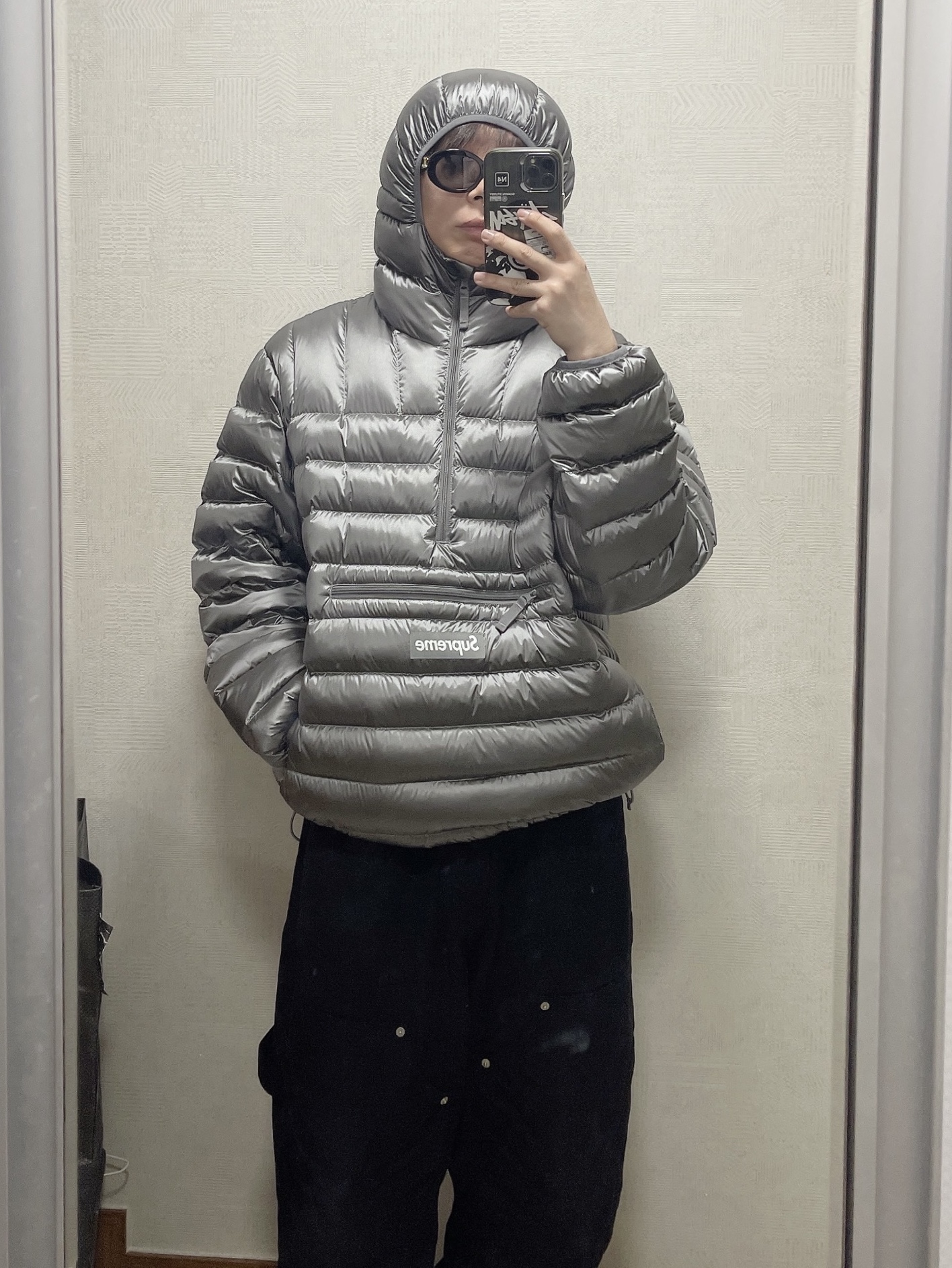 Supreme Micro Down Half Zip Hooded Pullover Silver - 25FW, Supreme Washed Chino Twill Camp Cap Black 착용 스타일 - 2