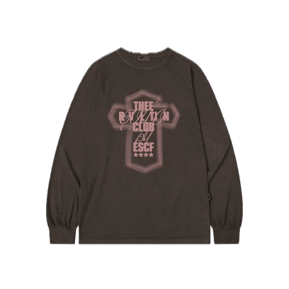 E252PLS024BW Escapefrom Light Cross Print Oversized Pigment Long Sleeve Brown