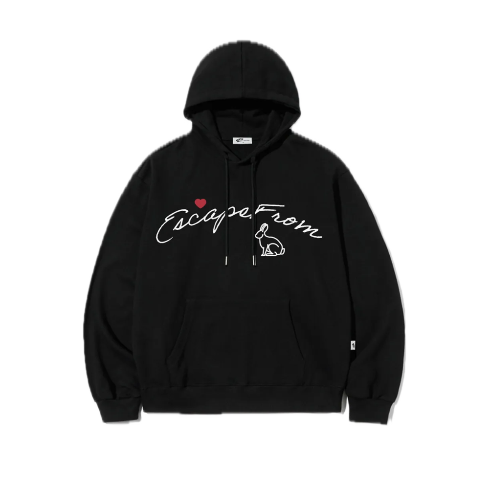 E252HD058BK Escapefrom Lettering Rabbit Print Hoodie Black
