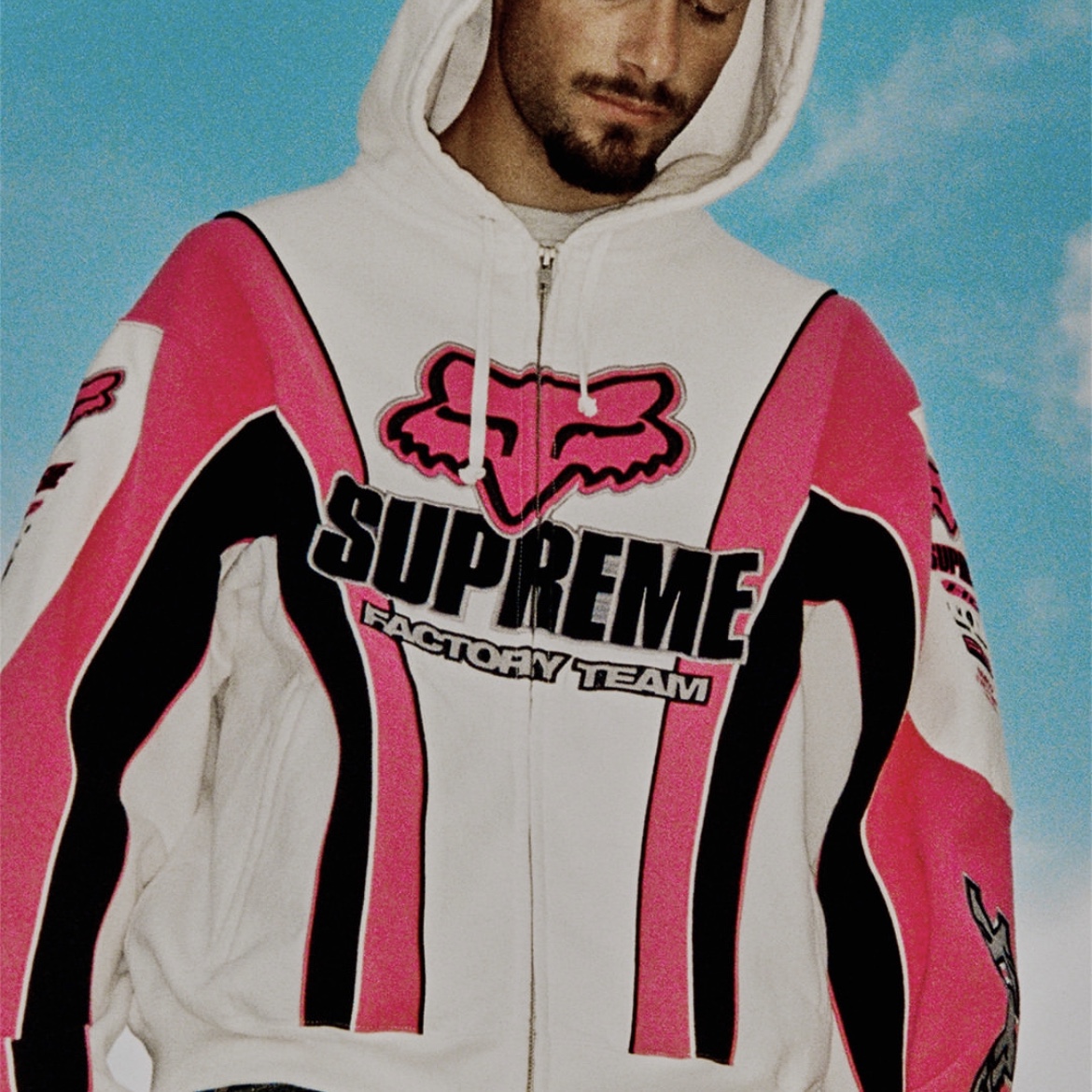 Supreme x Fox Racing Zip Up Hooded Sweatshirt White - 25FW 착용 스타일 - 3
