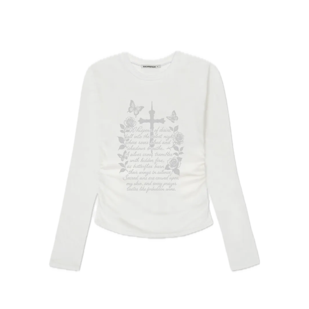 E252SSL005IV Escapefrom Whisper of Desire Print Slim Fit Shirring Long Sleeve Ivory