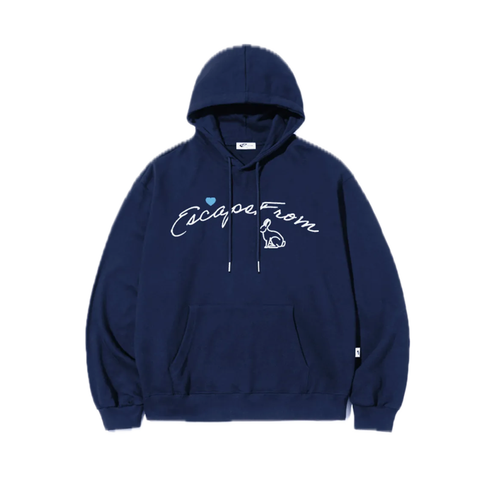 E252HD059DB Escapefrom Lettering Rabbit Print Hoodie Deep Blue