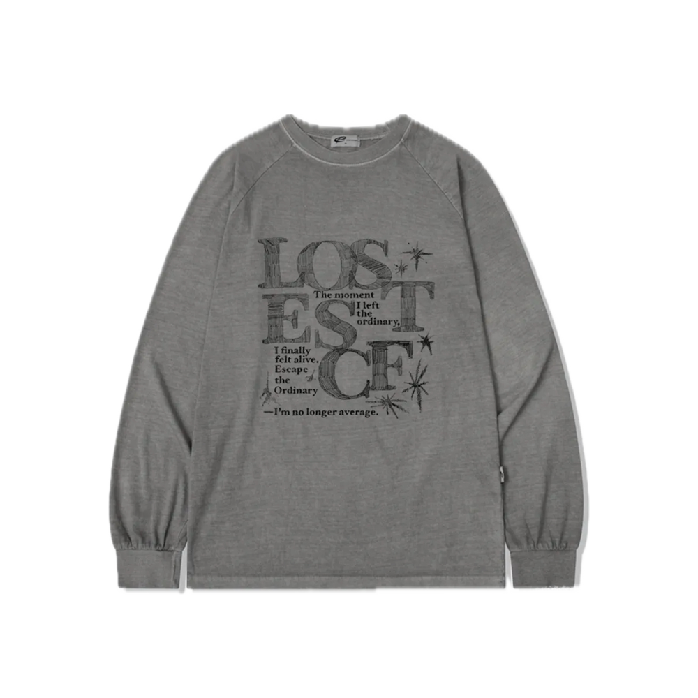 E252PLS020GR Escapefrom Sketch Lost Logo Print Oversized Pigment Long Sleeve Gray