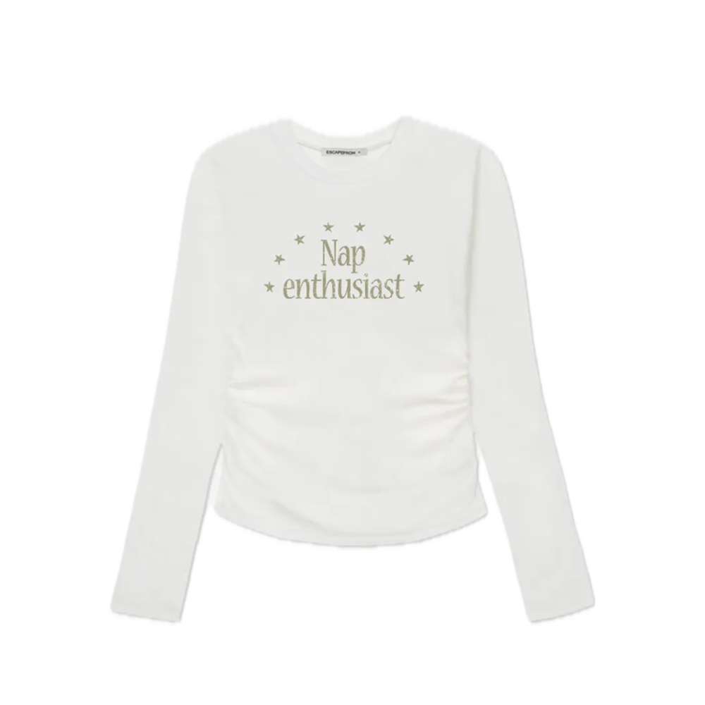 E252SSL009IV Escapefrom Nap Enthusiast Print Slim Fit Shirring Long Sleeve Ivory
