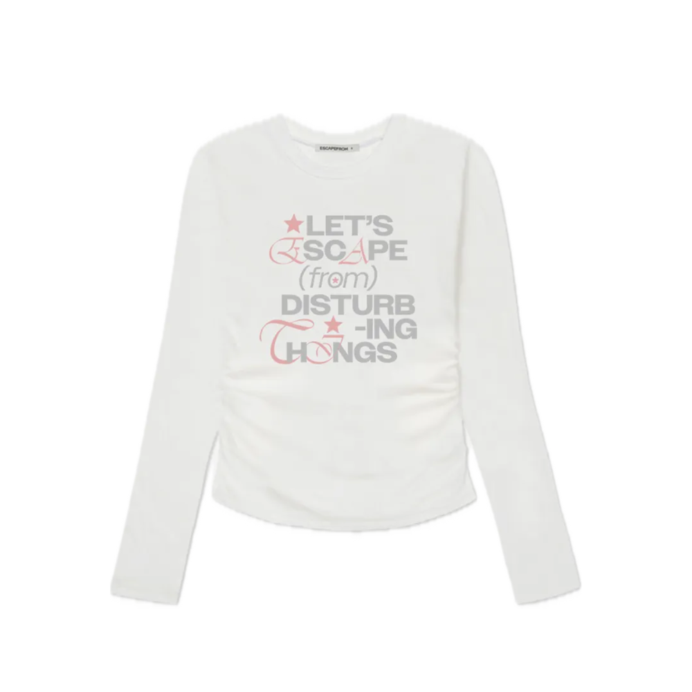 E252SSL039IV Escapefrom Slogan Lettering Print Slim Fit Shirring Long Sleeve Ivory