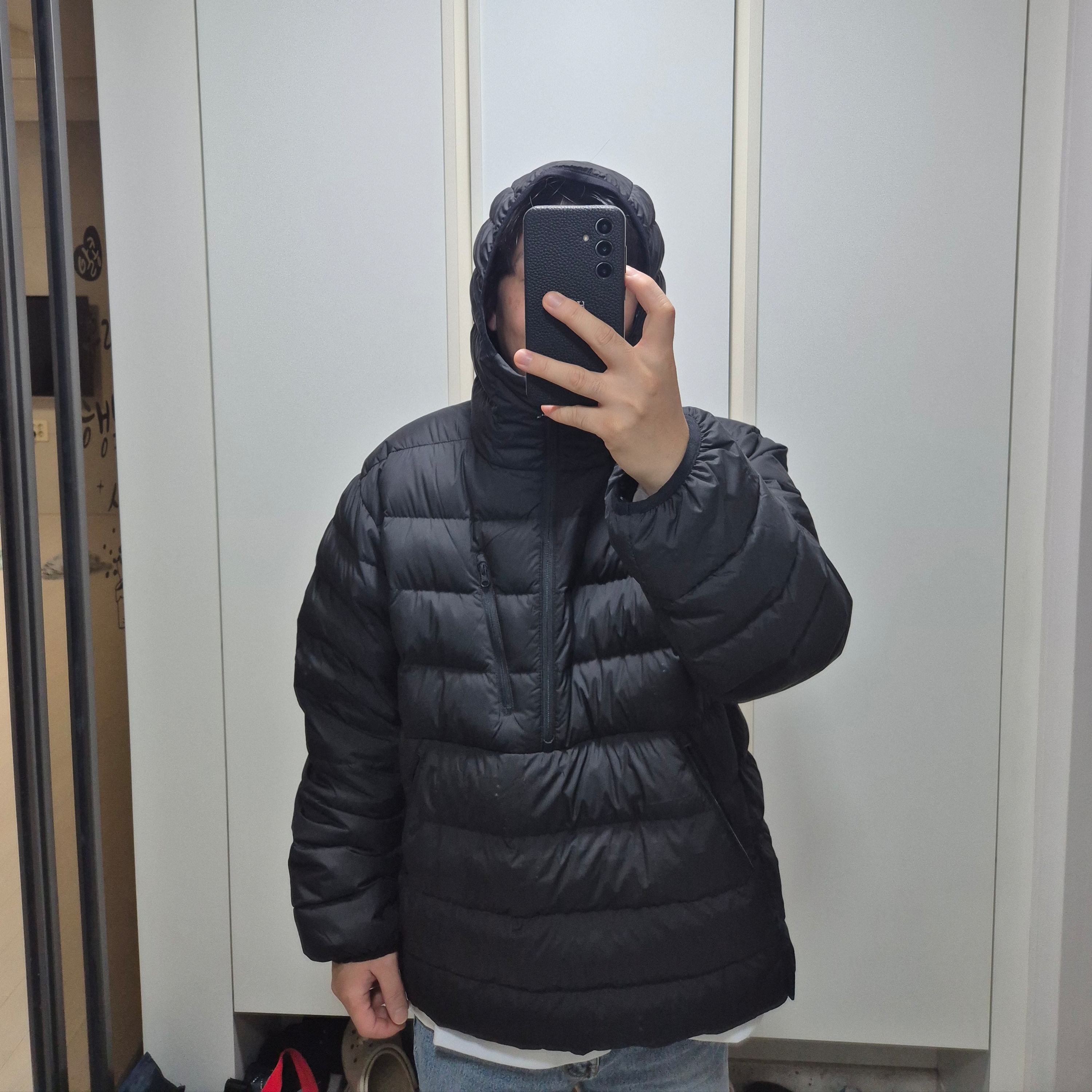 Musinsa Standard City Leisure Hooded Light Down Jacket Black 착용 스타일