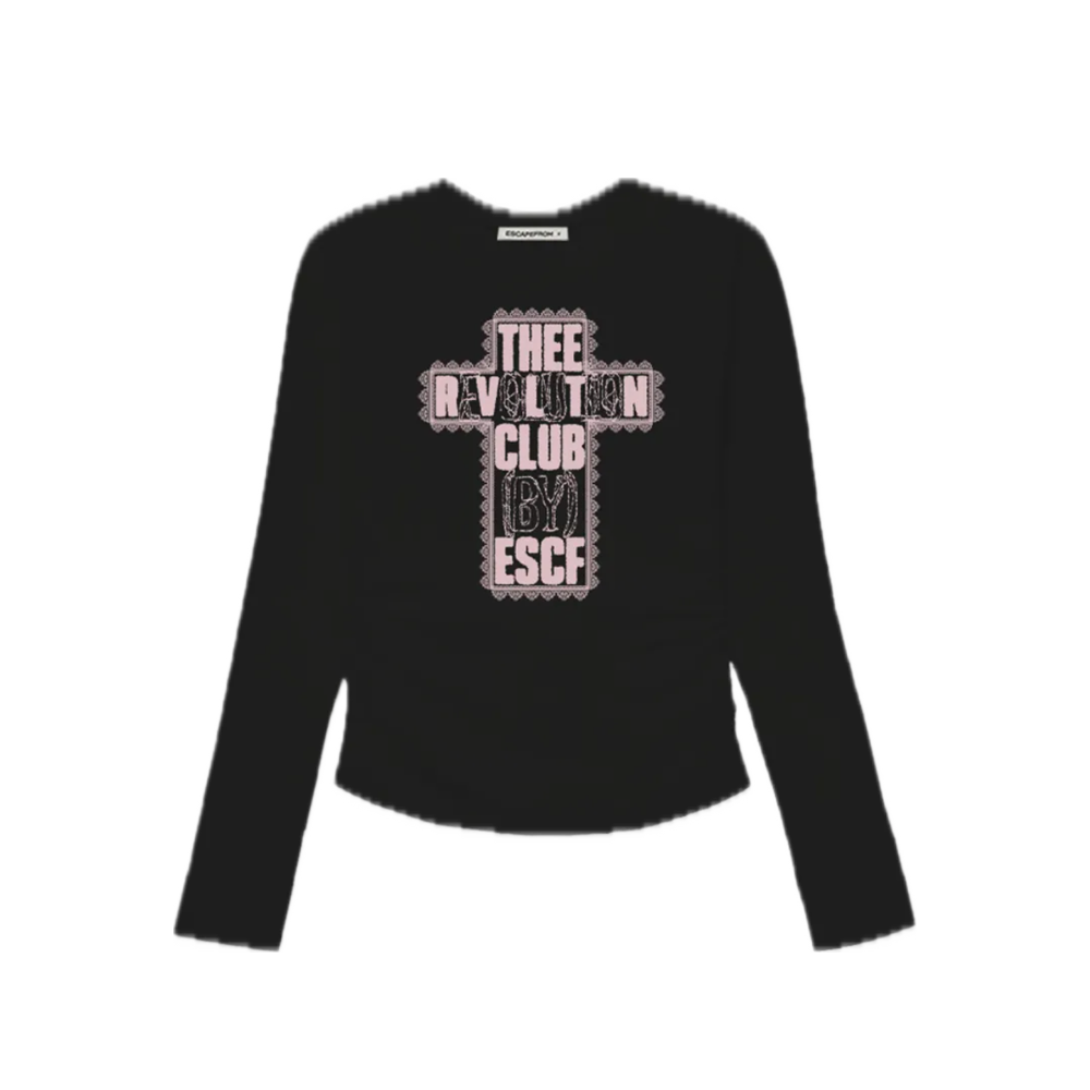 E252SSL038BK Escapefrom Lace Revolution Print Slim Fit Shirring Long Sleeve Black