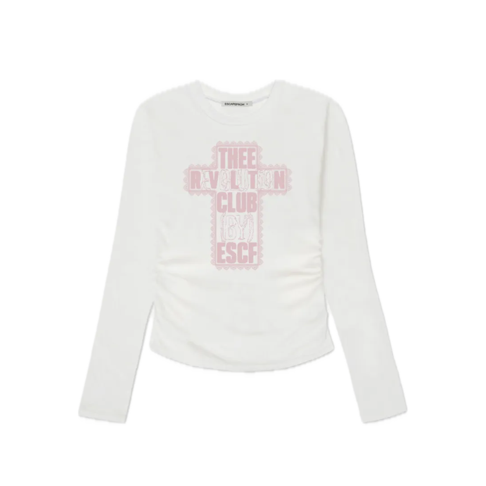 E252SSL037IV Escapefrom Lace Revolution Print Slim Fit Shirring Long Sleeve Ivory