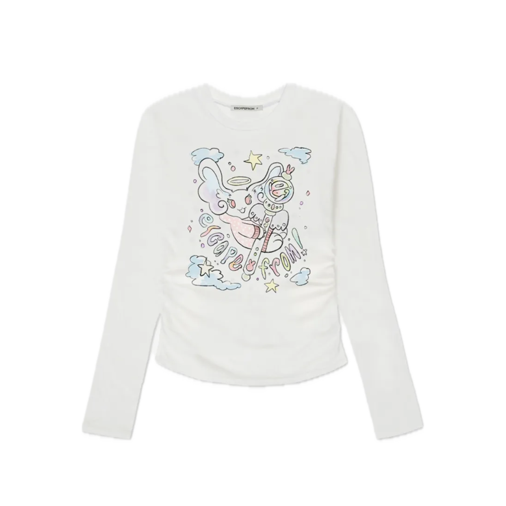 E252SSL042IV Escapefrom Escape From Me Print Slim Fit Shirring Long Sleeve Ivory