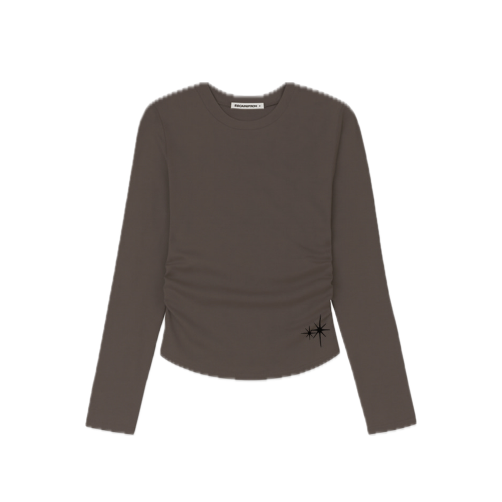 E252SSL035BW Escapefrom Break Free Statement Print Slim Fit Shirring Long Sleeve Brown