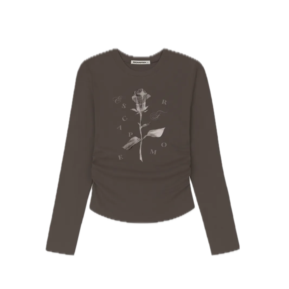 E252SSL044BW Escapefrom Only One Rose Print Slim Fit Shirring Long Sleeve Brown