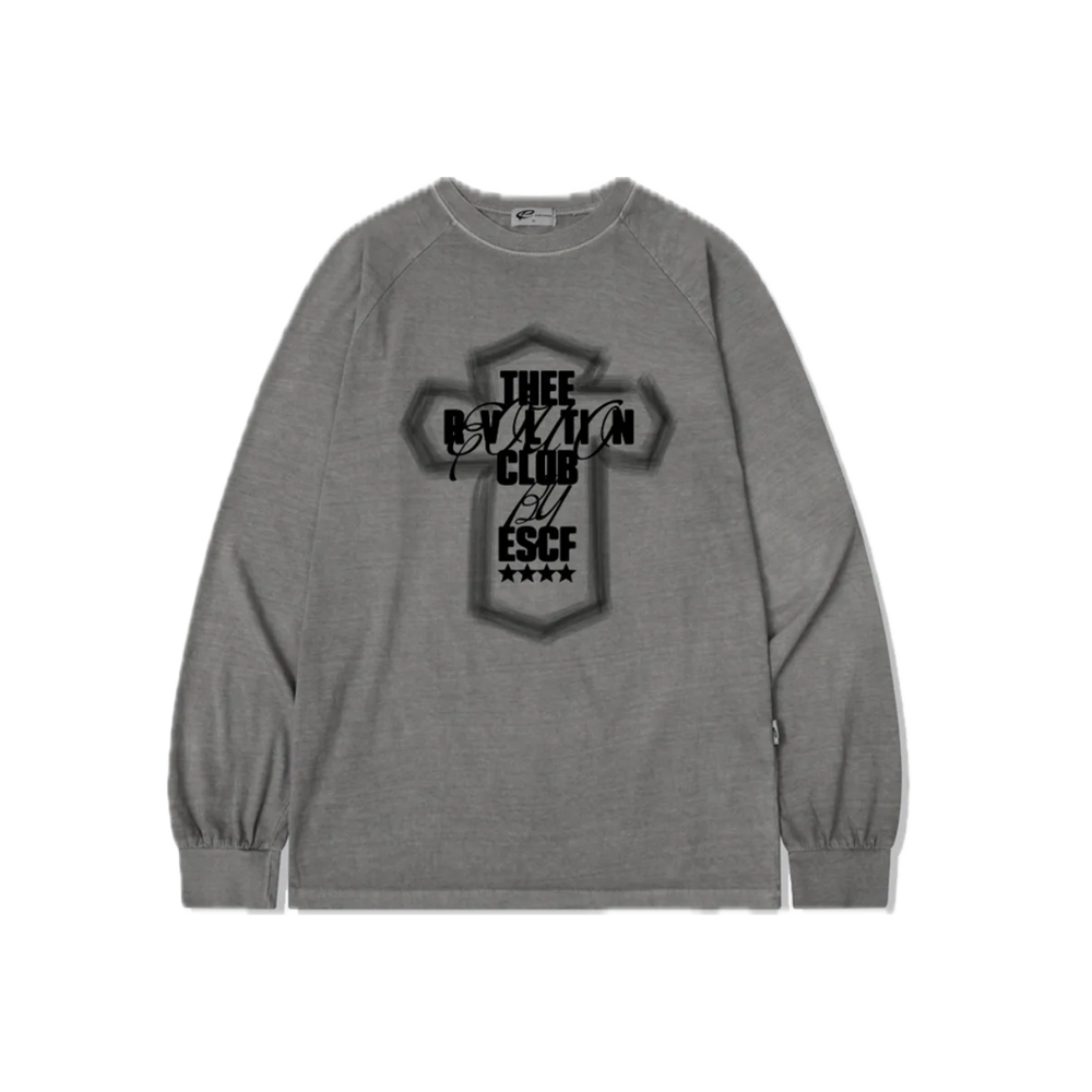E252PLS026GR Escapefrom Light Cross Print Oversized Pigment Long Sleeve Gray
