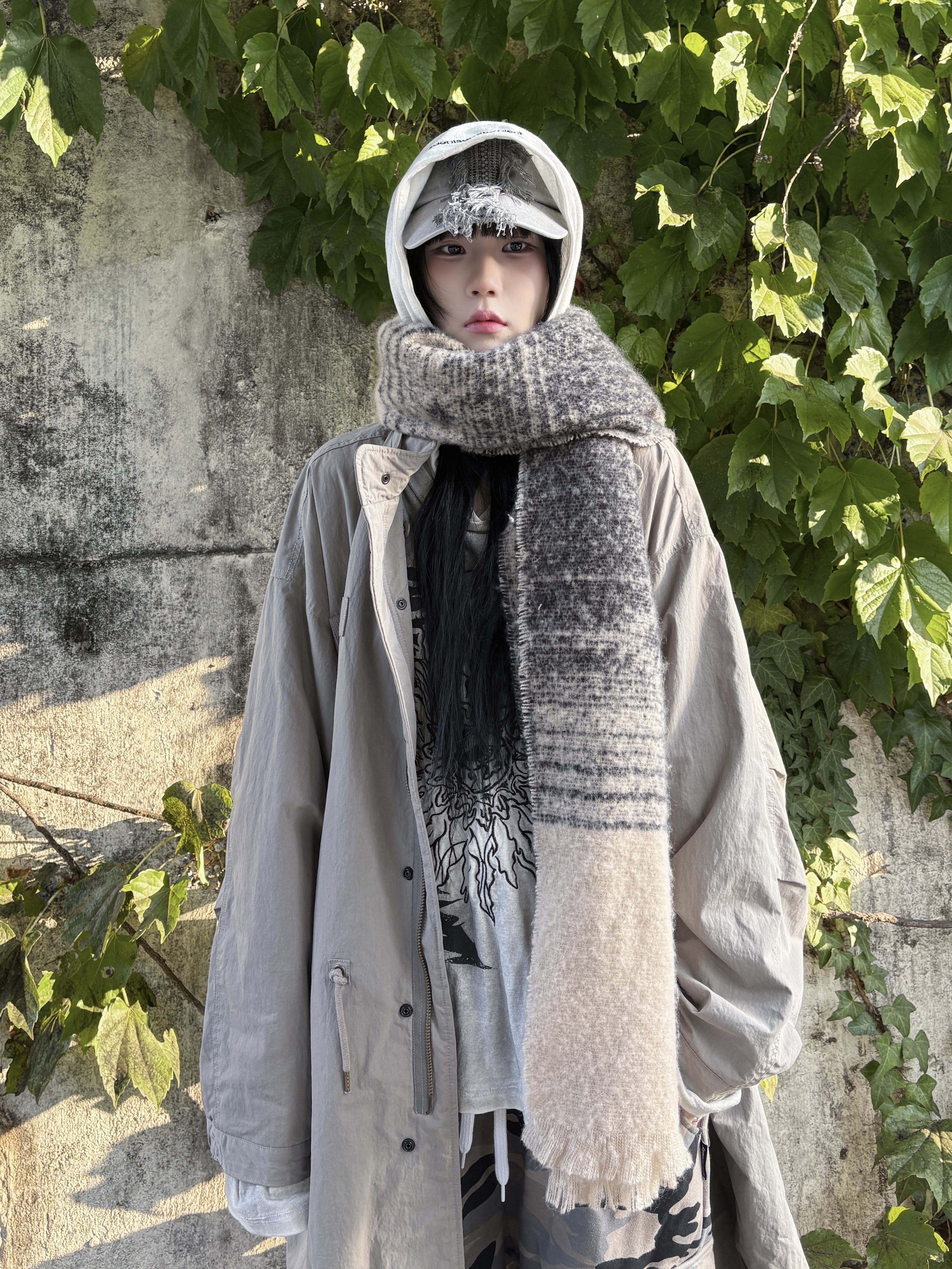 DEFGARMENTS Fire Work Knit Muffler Mix, AJOBYAJO Lace Trimming Washed Cap Tea Green 착용 스타일 - 3