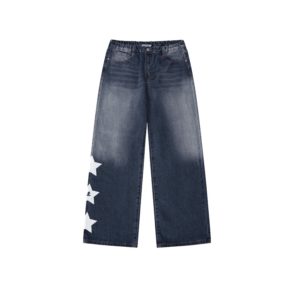 E252DP006DB Escapefrom ESCF People Print Banded Washed Denim Pants Deep Blue